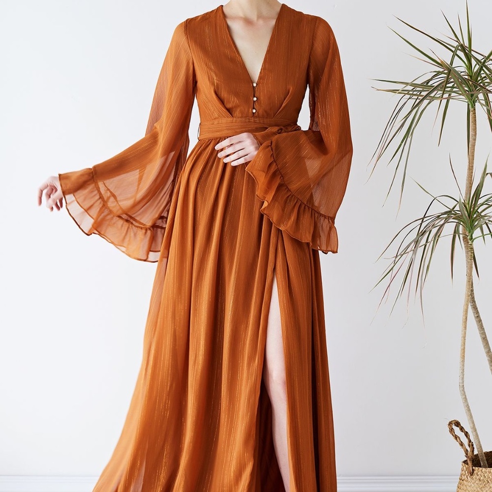 Shimmer Chiffon Ruffle Sleeve Maxi Dress Rust